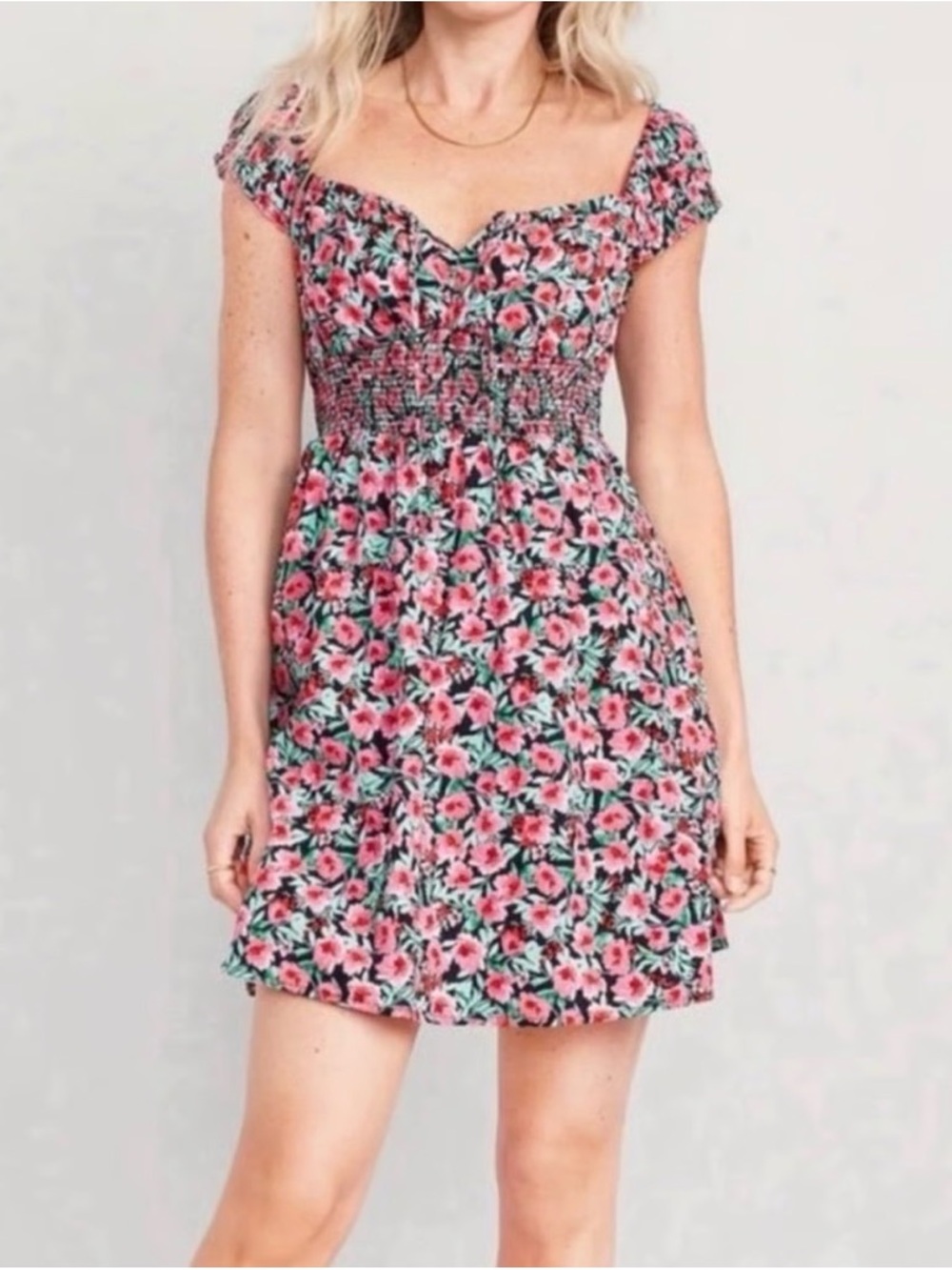 Old Navy Pink Floral Shirred Mini Dress